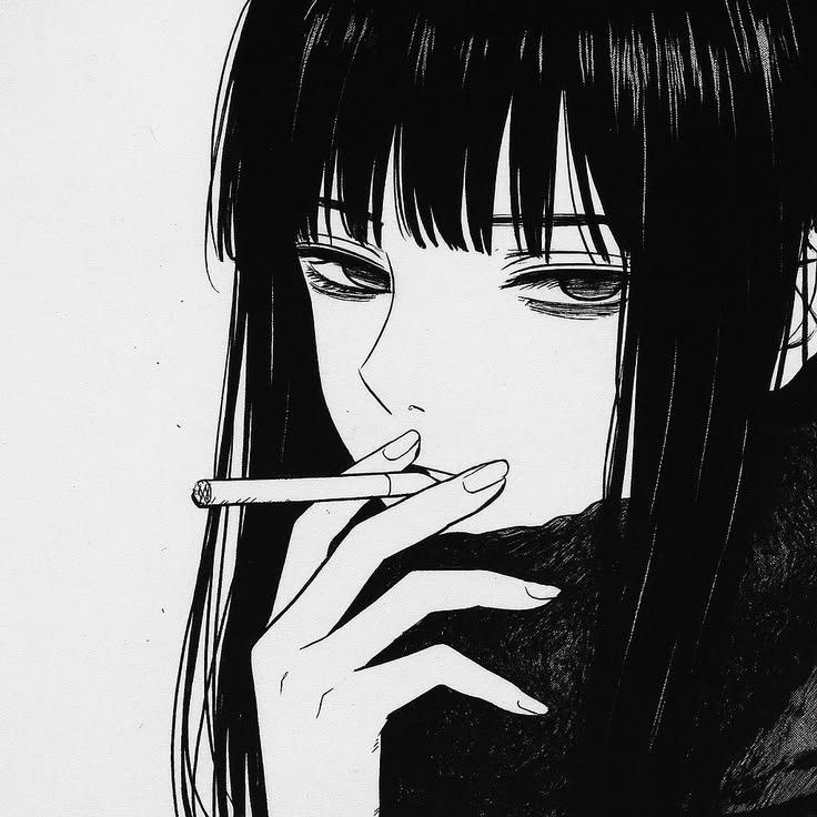 a monochrome portrait — ink-black hair, a lit cigarette, eyes level with the reader